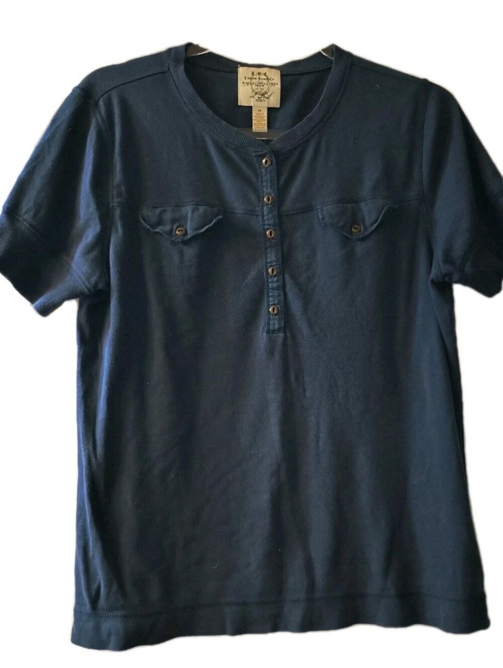 Lauren Jeans Co Ralph Lauren Blue Knit Henley Top Short Sleeve Flap Pockets M